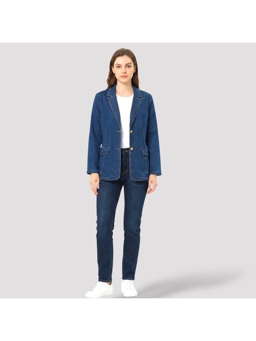 ALLEGRA K Cotton Blend Two Button Denim Blazer Front Flap Pockets US Sz XL